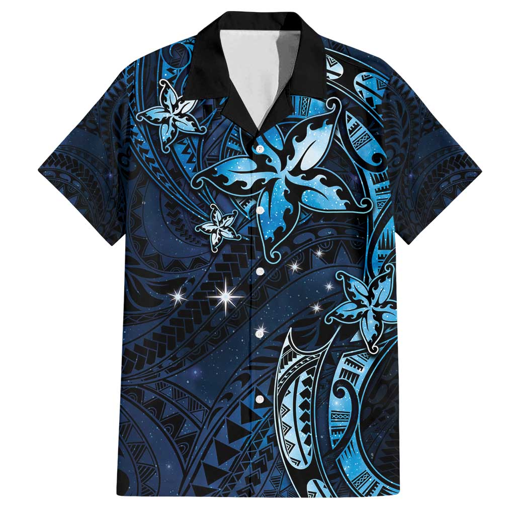Hawaii Makahiki Season Family Matching Off Shoulder Maxi Dress and Hawaiian Shirt Floral Tribal Tattoo Blue Galaxy LT05 Dad's Shirt - Short Sleeve Blue - Polynesian Pride