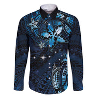 Hawaii Makahiki Season Family Matching Off Shoulder Maxi Dress and Hawaiian Shirt Floral Tribal Tattoo Blue Galaxy LT05 Dad's Shirt - Long Sleeve Blue - Polynesian Pride