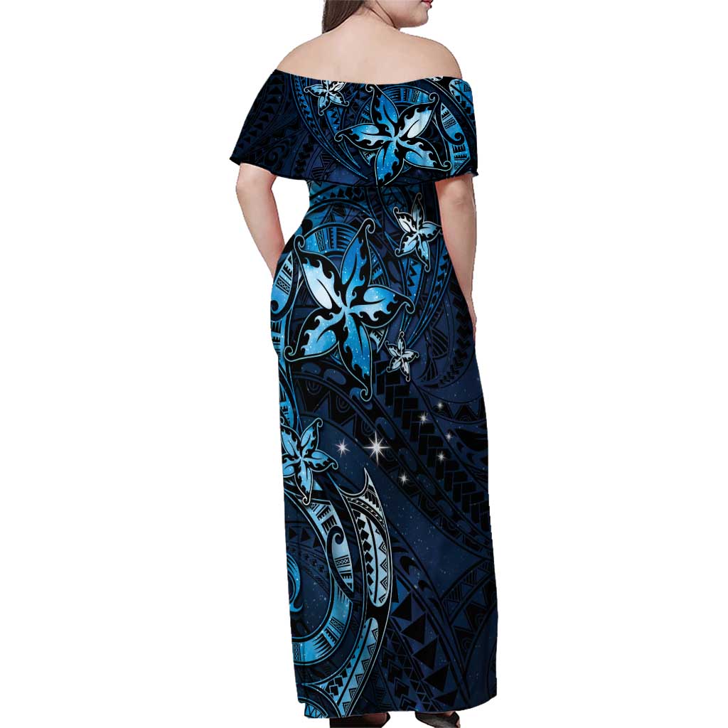 Hawaii Makahiki Season Family Matching Off Shoulder Maxi Dress and Hawaiian Shirt Floral Tribal Tattoo Blue Galaxy LT05 - Polynesian Pride