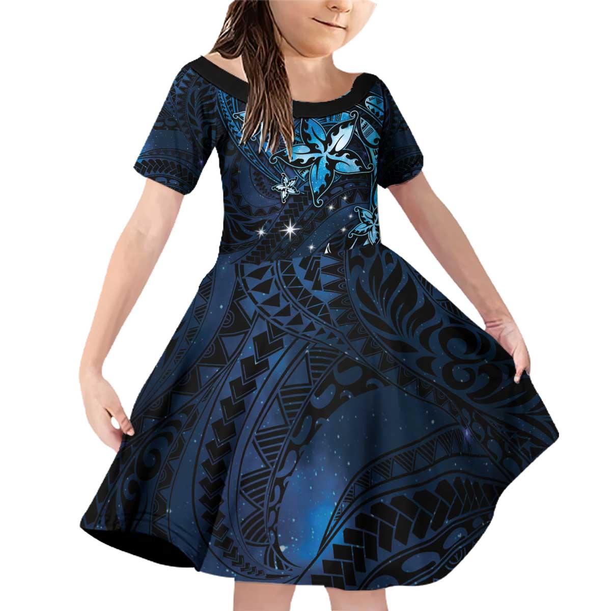 Hawaii Makahiki Season Family Matching Off Shoulder Short Dress and Hawaiian Shirt Floral Tribal Tattoo Blue Galaxy LT05 Daughter's Dress Blue - Polynesian Pride