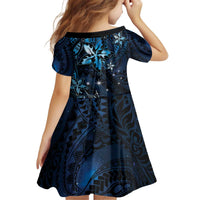 Hawaii Makahiki Season Family Matching Off Shoulder Short Dress and Hawaiian Shirt Floral Tribal Tattoo Blue Galaxy LT05 - Polynesian Pride