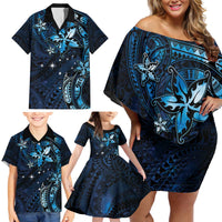 Hawaii Makahiki Season Family Matching Off Shoulder Short Dress and Hawaiian Shirt Floral Tribal Tattoo Blue Galaxy LT05 - Polynesian Pride