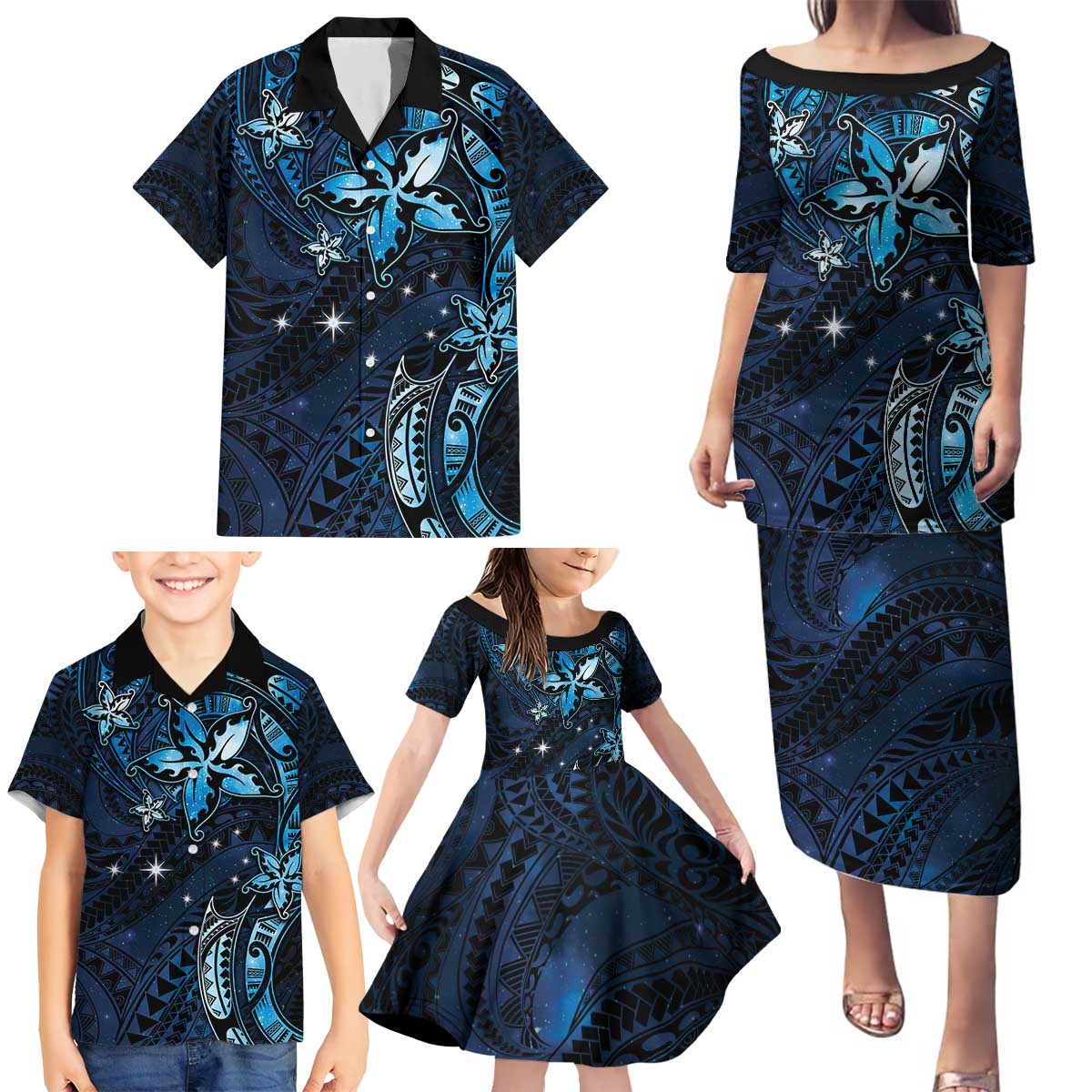 Hawaii Makahiki Season Family Matching Puletasi and Hawaiian Shirt Floral Tribal Tattoo Blue Galaxy LT05 - Polynesian Pride