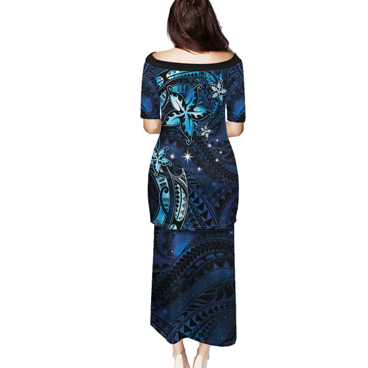 Hawaii Makahiki Season Family Matching Puletasi and Hawaiian Shirt Floral Tribal Tattoo Blue Galaxy LT05 - Polynesian Pride