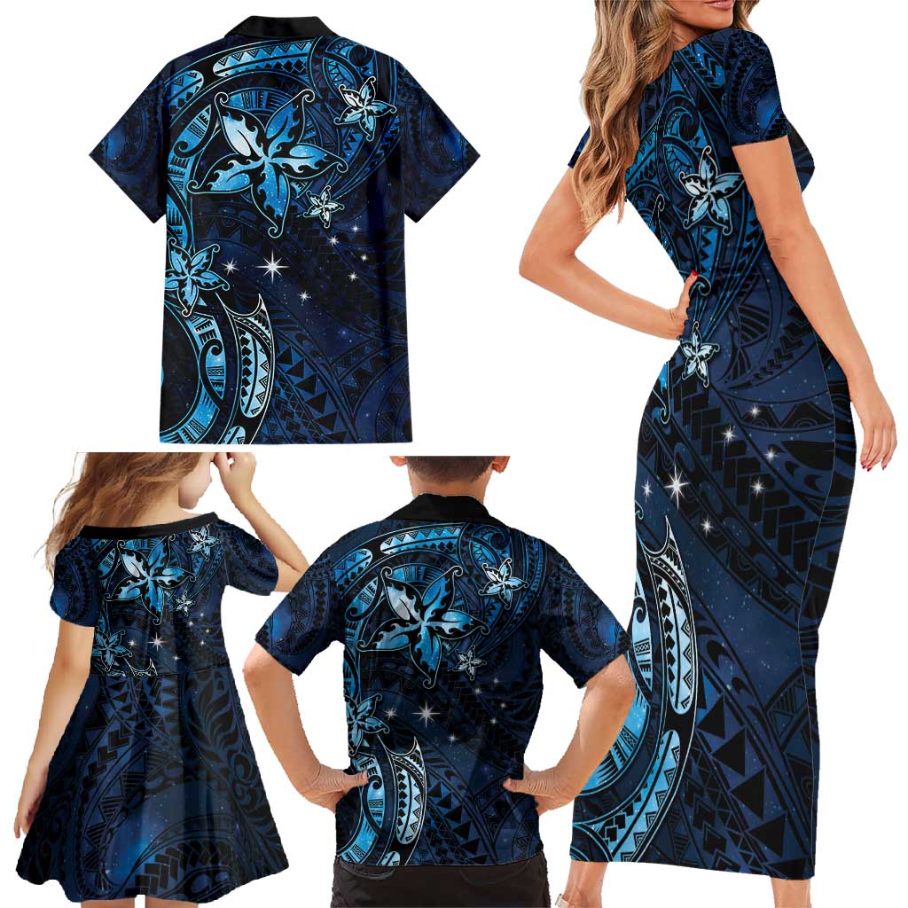 Hawaii Makahiki Season Family Matching Short Sleeve Bodycon Dress and Hawaiian Shirt Floral Tribal Tattoo Blue Galaxy LT05 - Polynesian Pride