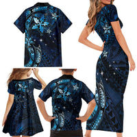 Hawaii Makahiki Season Family Matching Short Sleeve Bodycon Dress and Hawaiian Shirt Floral Tribal Tattoo Blue Galaxy LT05 - Polynesian Pride