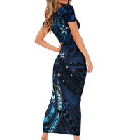 Hawaii Makahiki Season Family Matching Short Sleeve Bodycon Dress and Hawaiian Shirt Floral Tribal Tattoo Blue Galaxy LT05 - Polynesian Pride