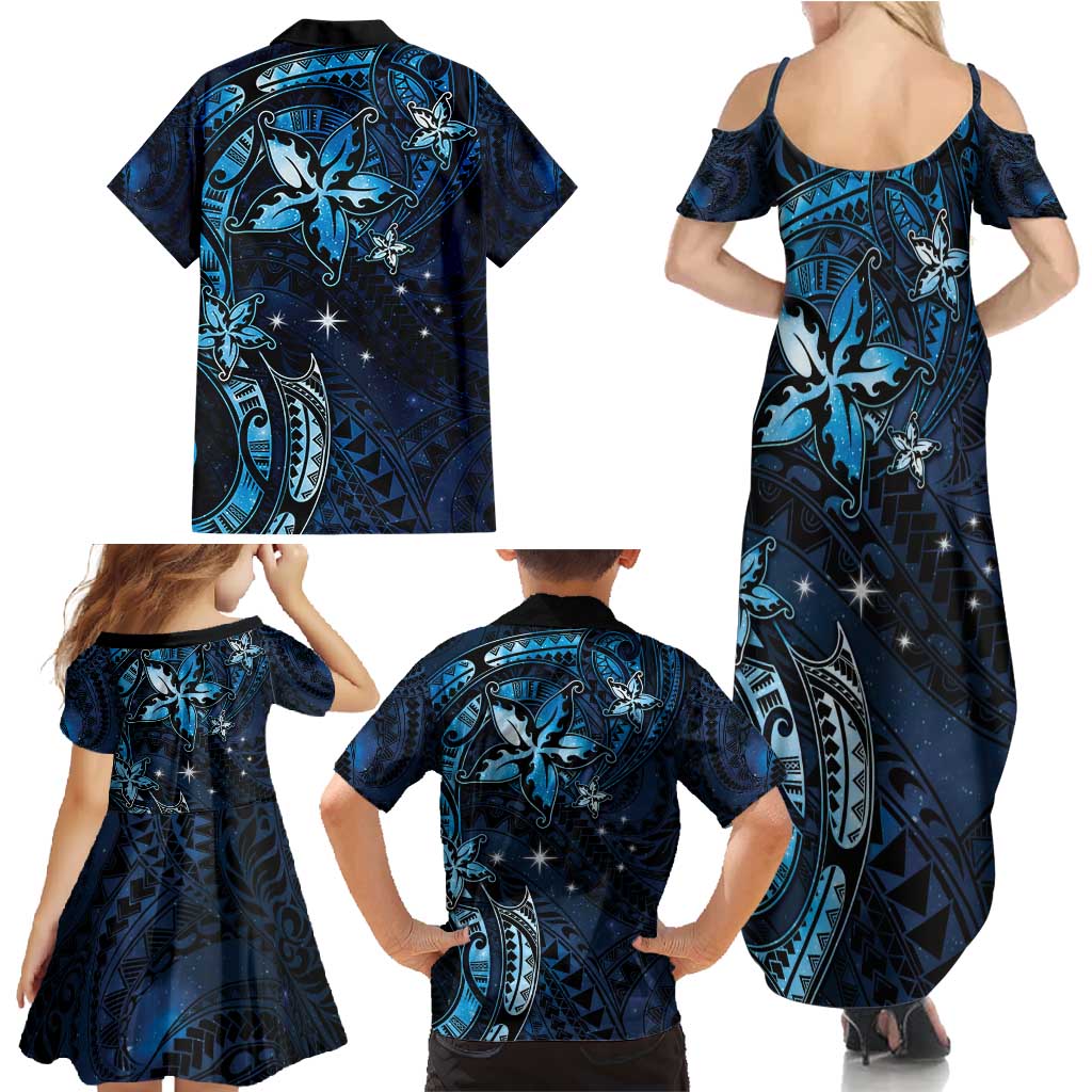 Hawaii Makahiki Season Family Matching Summer Maxi Dress and Hawaiian Shirt Floral Tribal Tattoo Blue Galaxy LT05 - Polynesian Pride