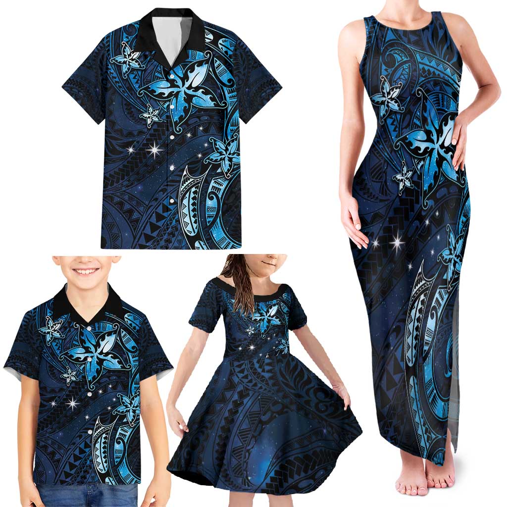 Hawaii Makahiki Season Family Matching Tank Maxi Dress and Hawaiian Shirt Floral Tribal Tattoo Blue Galaxy LT05 - Polynesian Pride