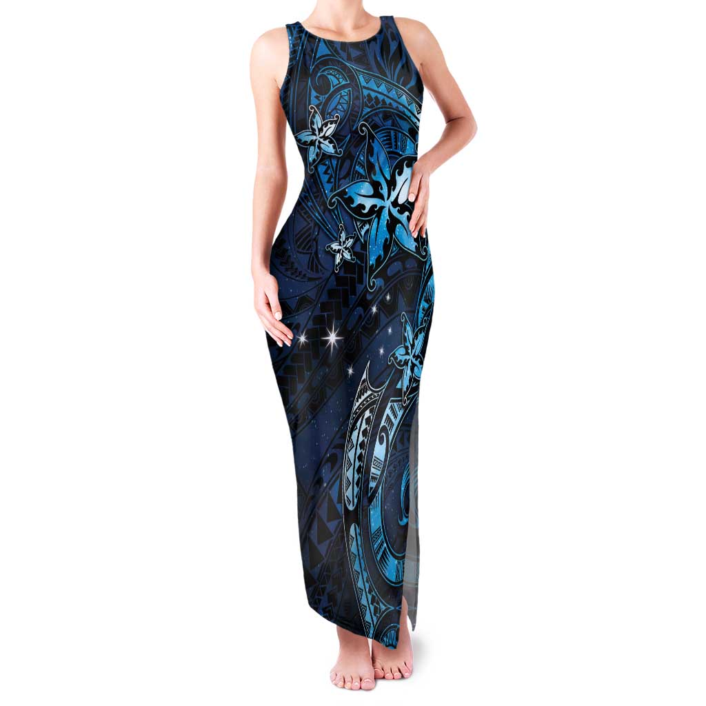 Hawaii Makahiki Season Family Matching Tank Maxi Dress and Hawaiian Shirt Floral Tribal Tattoo Blue Galaxy LT05 Mom's Dress Blue - Polynesian Pride