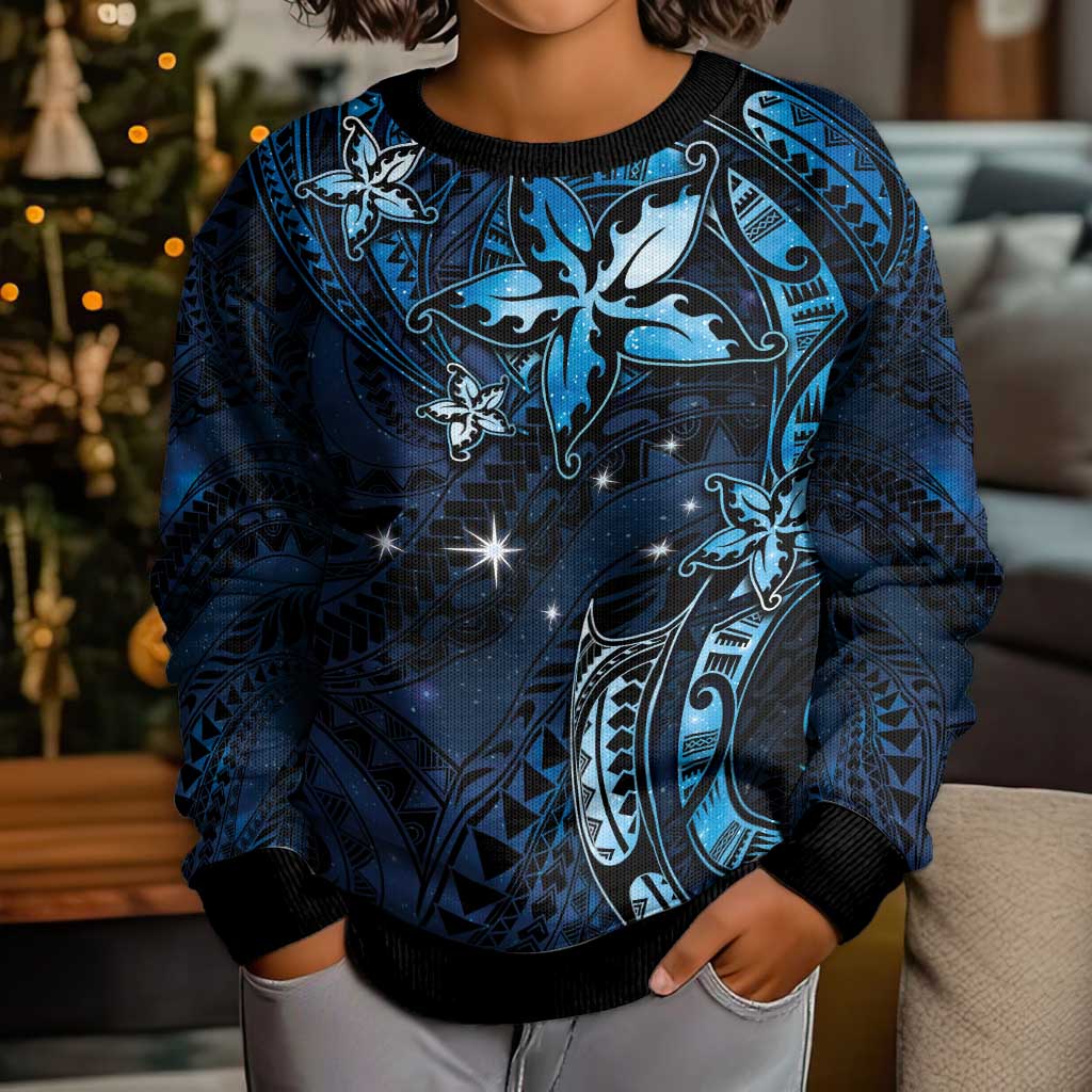 Hawaii Makahiki Season Kid Ugly Christmas Sweater Floral Tribal Tattoo Blue Galaxy LT05 - Polynesian Pride