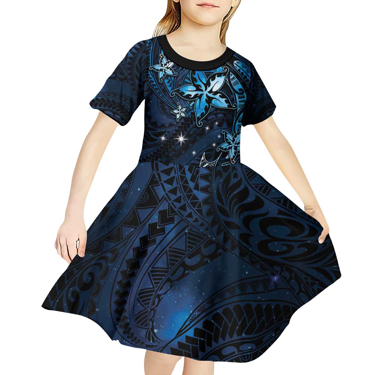 Hawaii Makahiki Season Kid Short Sleeve Dress Floral Tribal Tattoo Blue Galaxy LT05 - Polynesian Pride