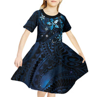 Hawaii Makahiki Season Kid Short Sleeve Dress Floral Tribal Tattoo Blue Galaxy LT05 - Polynesian Pride