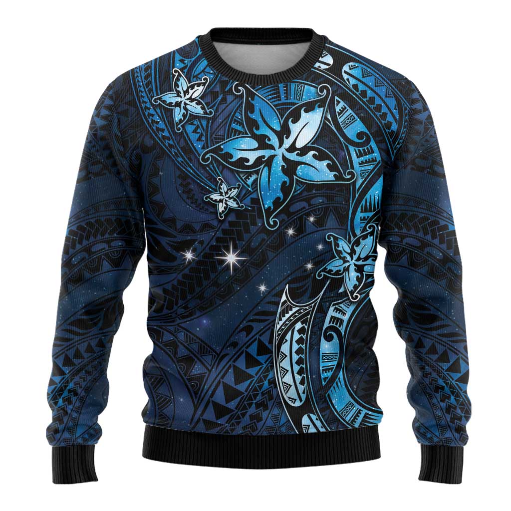 Hawaii Makahiki Season Ugly Christmas Sweater Floral Tribal Tattoo Blue Galaxy LT05 - Polynesian Pride