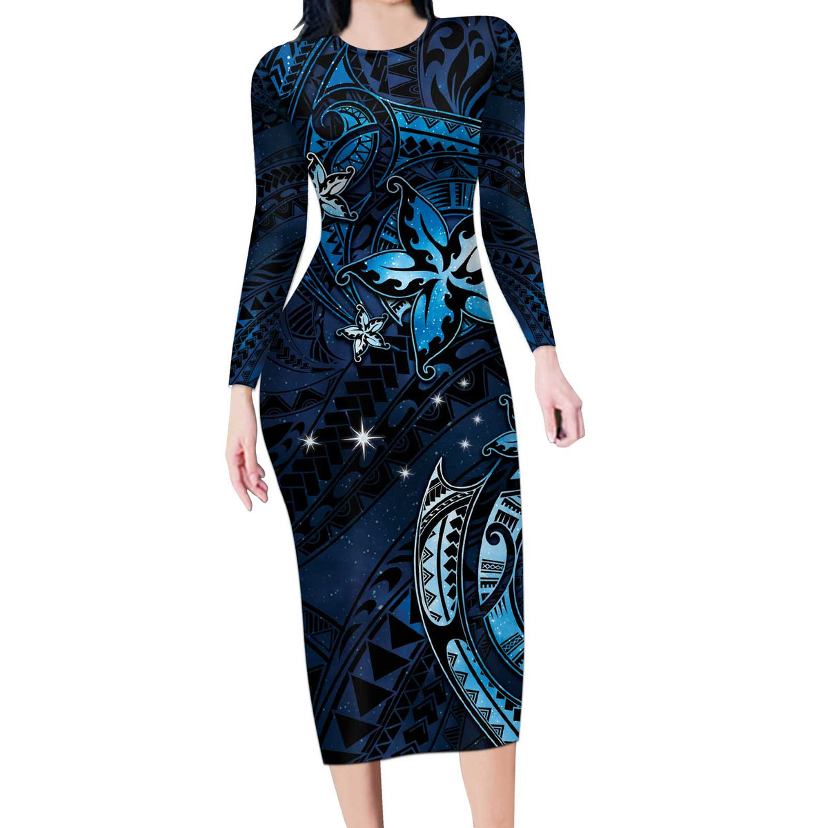 Hawaii Makahiki Season Long Sleeve Bodycon Dress Floral Tribal Tattoo Blue Galaxy LT05 Long Dress Blue - Polynesian Pride