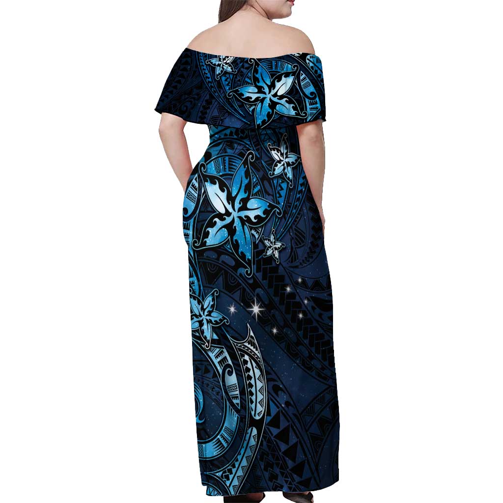 Hawaii Makahiki Season Off Shoulder Maxi Dress Floral Tribal Tattoo Blue Galaxy LT05 - Polynesian Pride