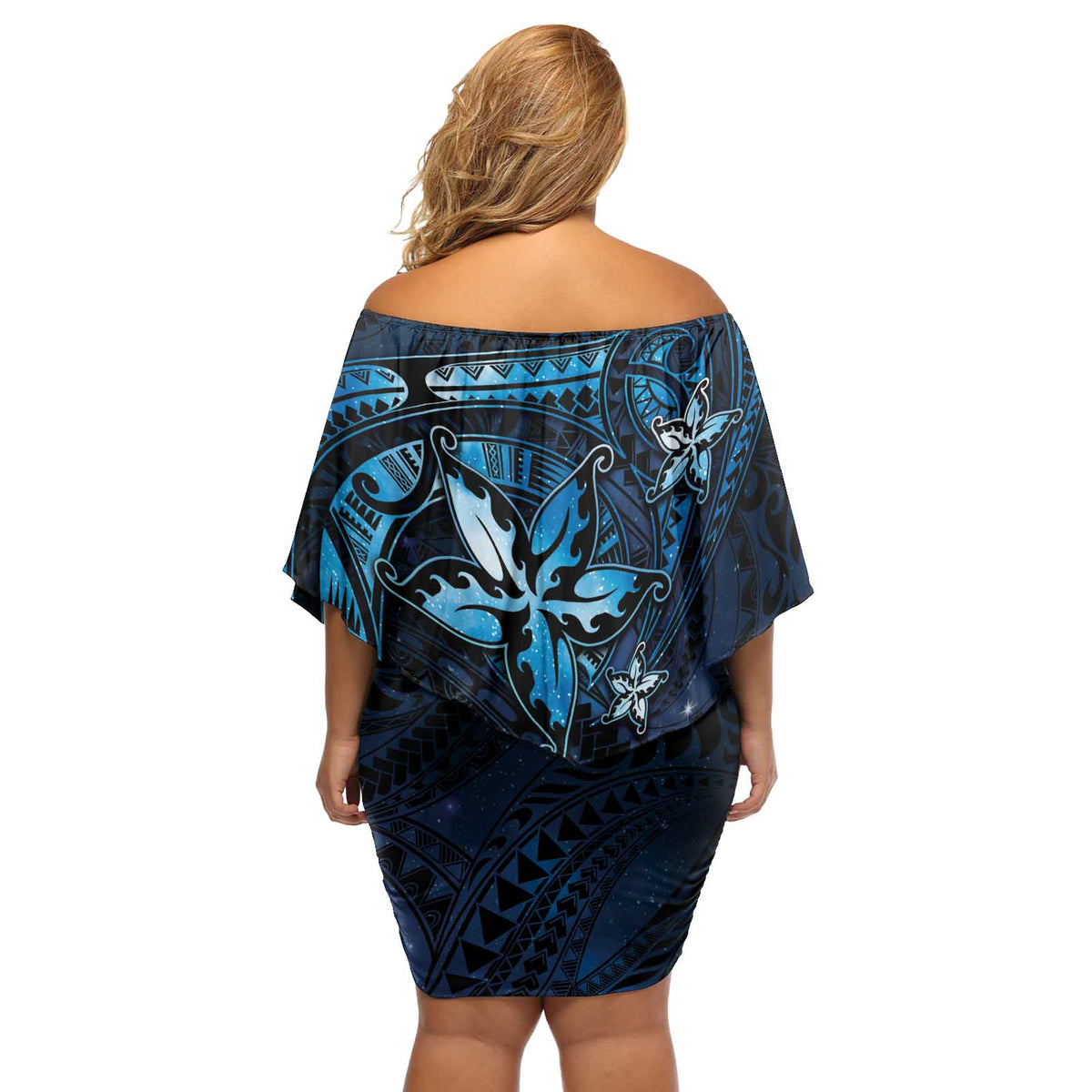 Hawaii Makahiki Season Off Shoulder Short Dress Floral Tribal Tattoo Blue Galaxy LT05 - Polynesian Pride