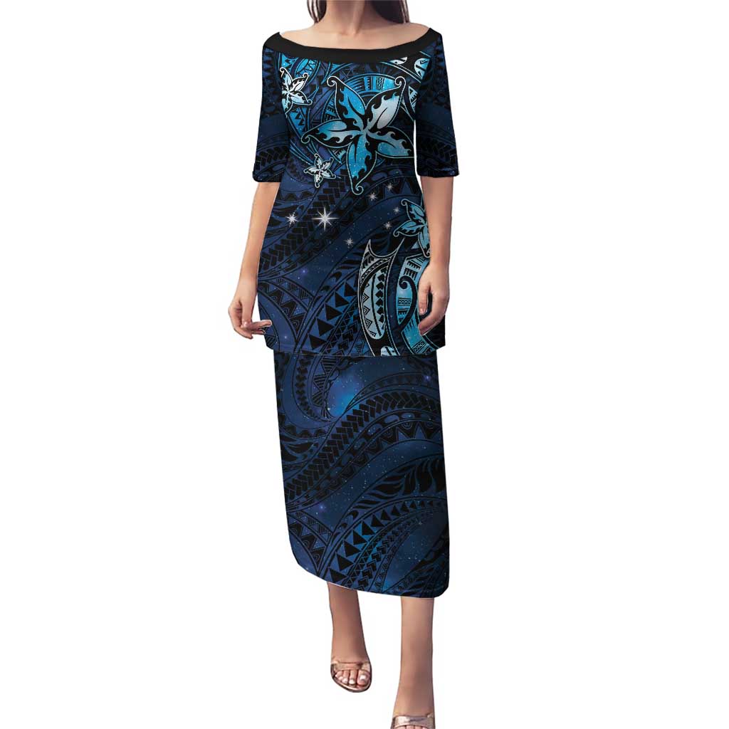 Hawaii Makahiki Season Puletasi Floral Tribal Tattoo Blue Galaxy
