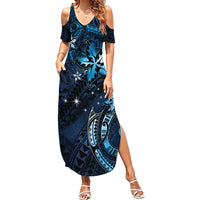 Hawaii Makahiki Season Summer Maxi Dress Floral Tribal Tattoo Blue Galaxy LT05 Women Blue - Polynesian Pride