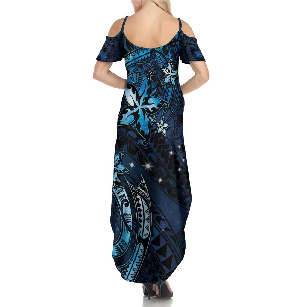 Hawaii Makahiki Season Summer Maxi Dress Floral Tribal Tattoo Blue Galaxy LT05 - Polynesian Pride