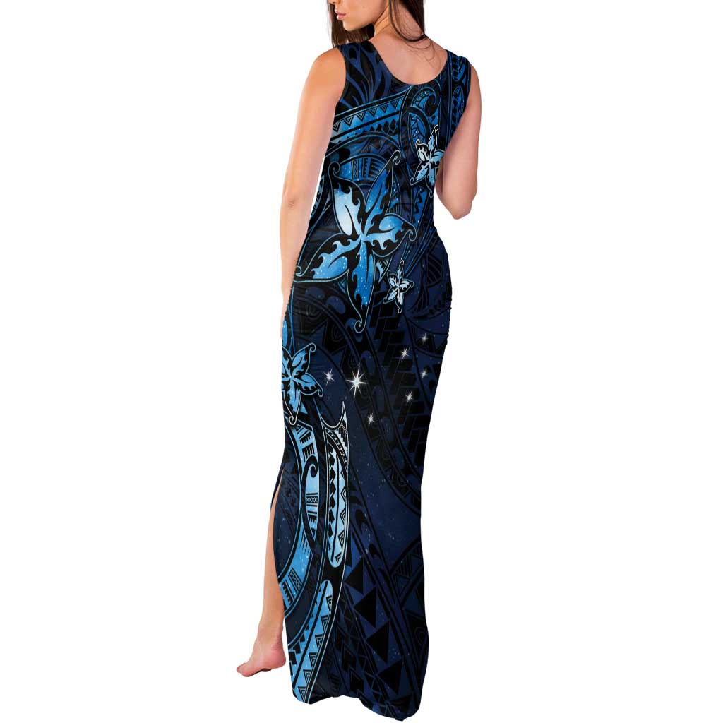 Hawaii Makahiki Season Tank Maxi Dress Floral Tribal Tattoo Blue Galaxy LT05 - Polynesian Pride