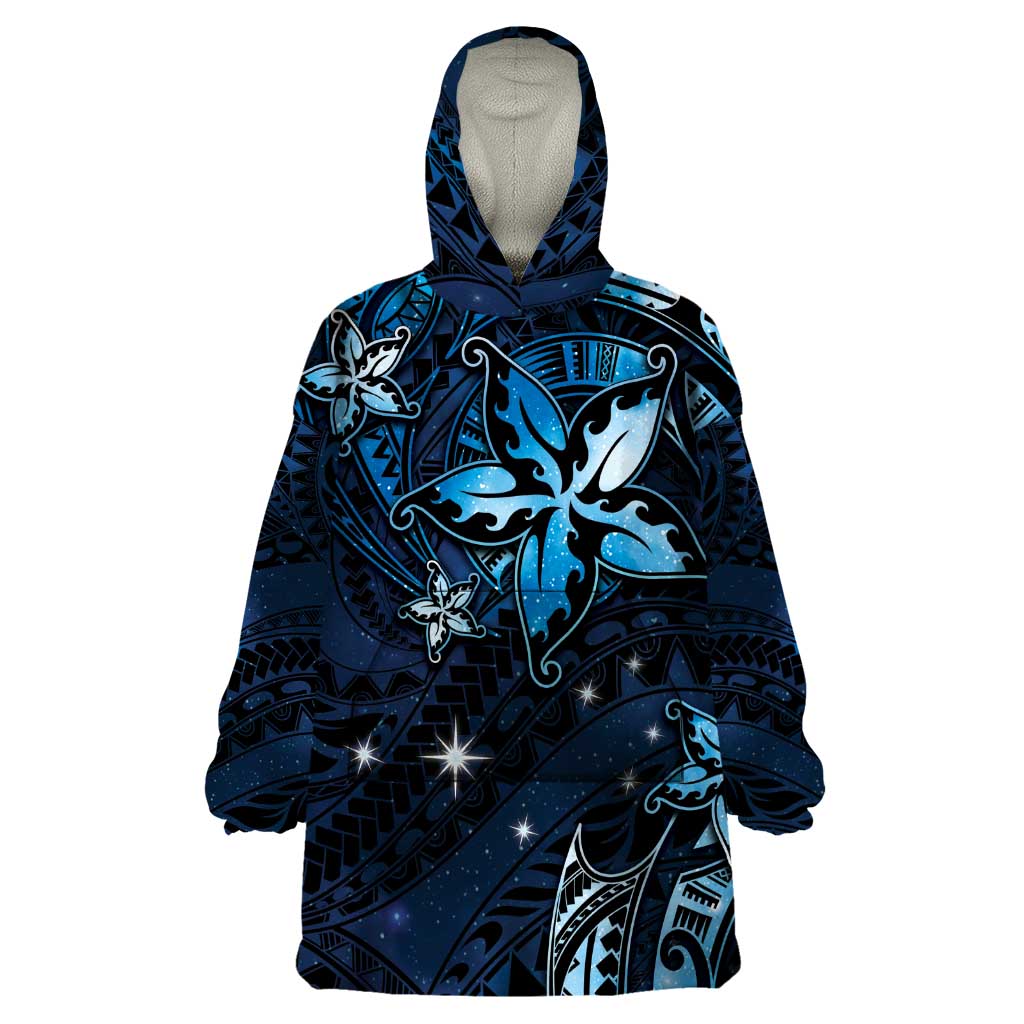 Hawaii Makahiki Season Wearable Blanket Hoodie Floral Tribal Tattoo Blue Galaxy LT05 One Size Blue - Polynesian Pride