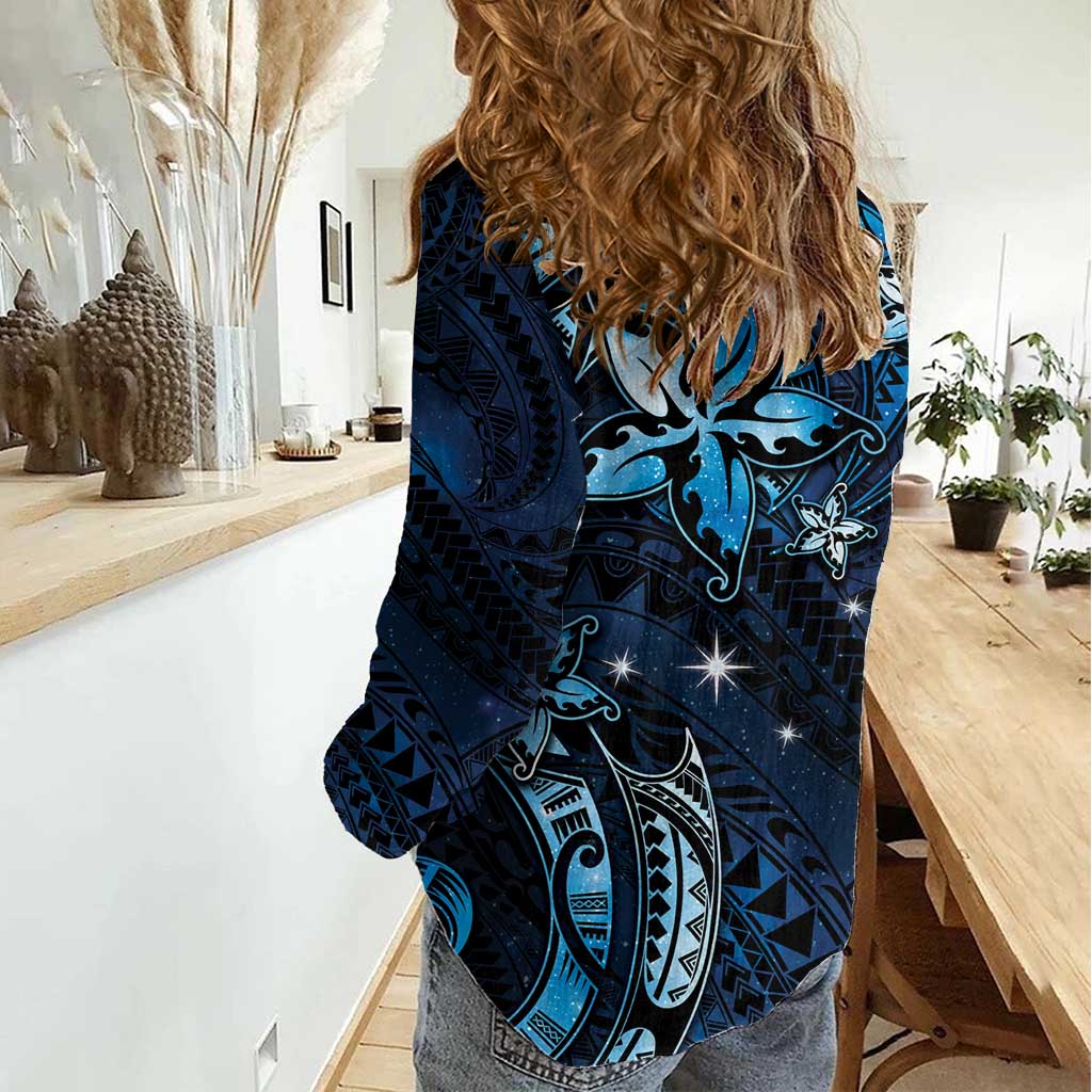 Hawaii Makahiki Season Women Casual Shirt Floral Tribal Tattoo Blue Galaxy LT05 - Polynesian Pride