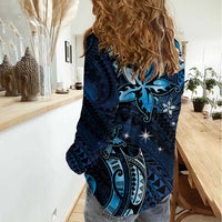 Hawaii Makahiki Season Women Casual Shirt Floral Tribal Tattoo Blue Galaxy LT05 - Polynesian Pride