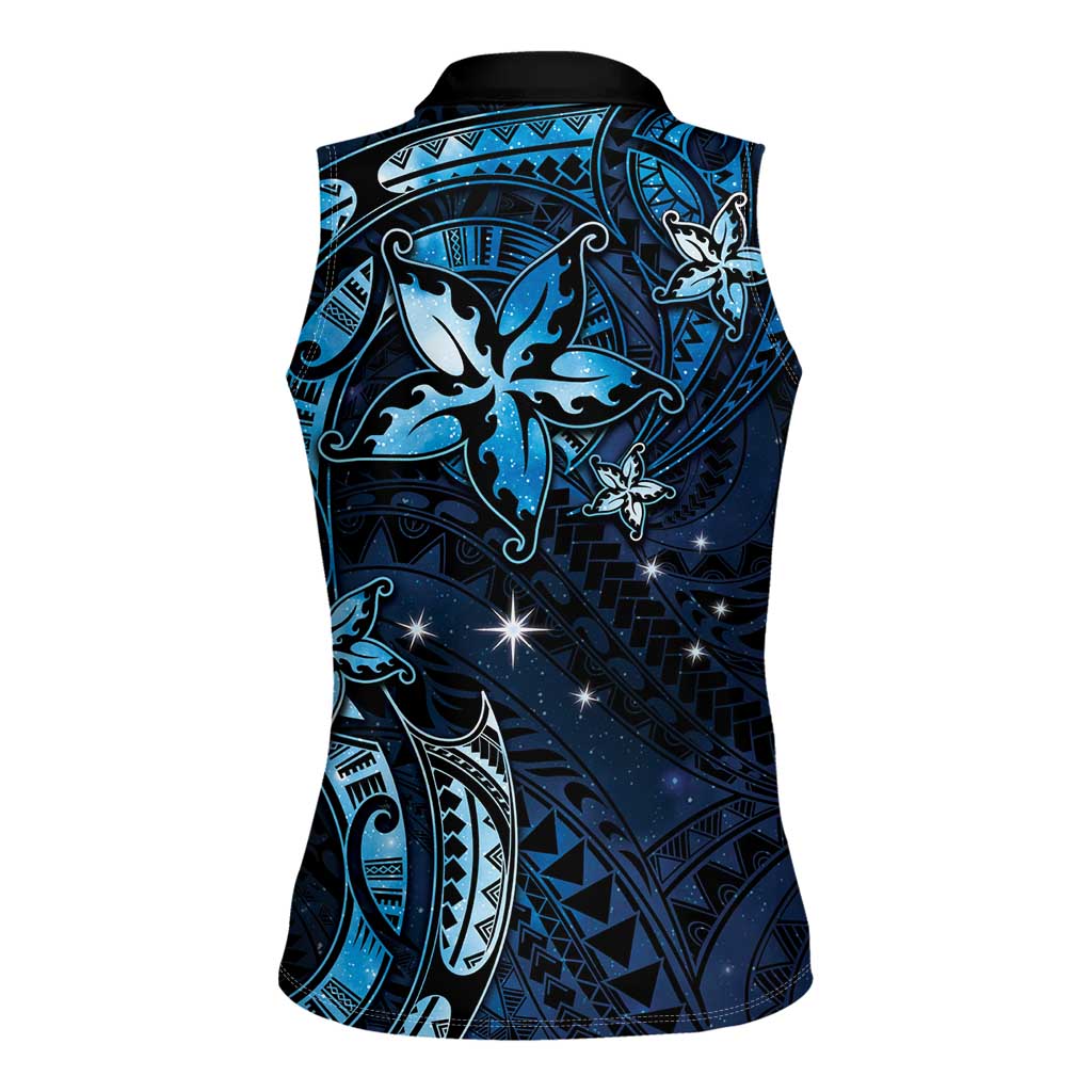 Hawaii Makahiki Season Women Sleeveless Polo Shirt Floral Tribal Tattoo Blue Galaxy LT05 - Polynesian Pride
