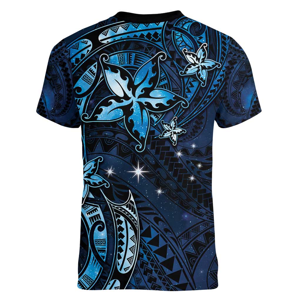 Hawaii Makahiki Season Women V-Neck T-Shirt Floral Tribal Tattoo Blue Galaxy LT05 - Polynesian Pride
