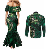 Hawaii Makahiki Season Couples Matching Mermaid Dress and Long Sleeve Button Shirt Floral Tribal Tattoo Green Galaxy