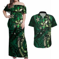Hawaii Makahiki Season Couples Matching Off Shoulder Maxi Dress and Hawaiian Shirt Floral Tribal Tattoo Green Galaxy LT05 Green - Polynesian Pride