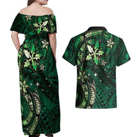 Hawaii Makahiki Season Couples Matching Off Shoulder Maxi Dress and Hawaiian Shirt Floral Tribal Tattoo Green Galaxy LT05 - Polynesian Pride
