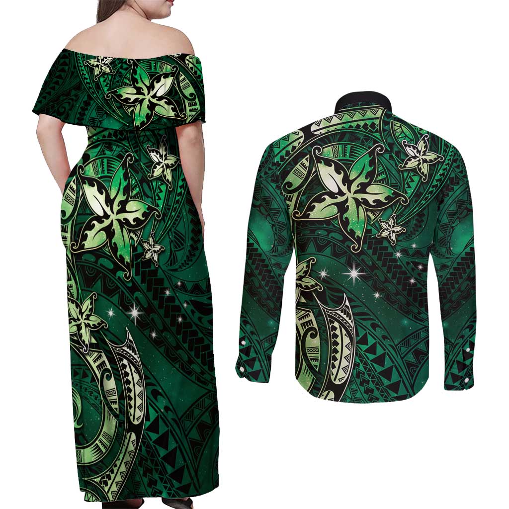 Hawaii Makahiki Season Couples Matching Off Shoulder Maxi Dress and Long Sleeve Button Shirt Floral Tribal Tattoo Green Galaxy