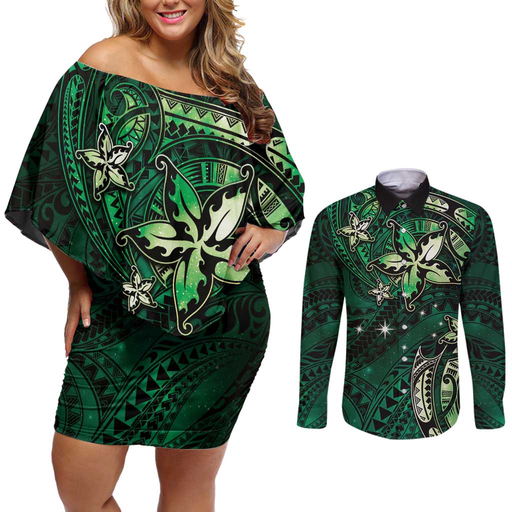 Hawaii Makahiki Season Couples Matching Off Shoulder Short Dress and Long Sleeve Button Shirt Floral Tribal Tattoo Green Galaxy