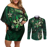 Hawaii Makahiki Season Couples Matching Off Shoulder Short Dress and Long Sleeve Button Shirt Floral Tribal Tattoo Green Galaxy