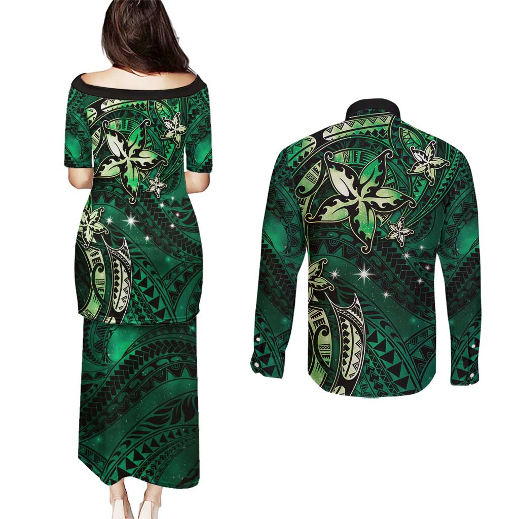 Hawaii Makahiki Season Couples Matching Puletasi and Long Sleeve Button Shirt Floral Tribal Tattoo Green Galaxy LT05 - Polynesian Pride