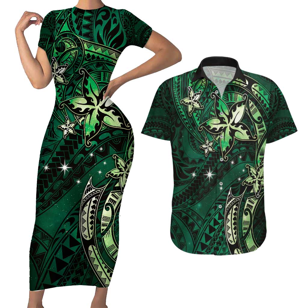 Hawaii Makahiki Season Couples Matching Short Sleeve Bodycon Dress and Hawaiian Shirt Floral Tribal Tattoo Green Galaxy LT05 Green - Polynesian Pride