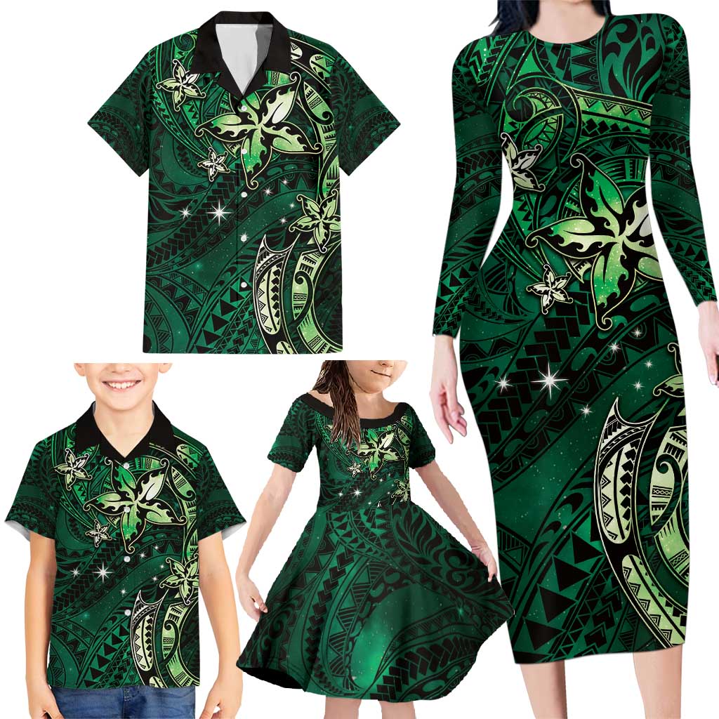 Hawaii Makahiki Season Family Matching Long Sleeve Bodycon Dress and Hawaiian Shirt Floral Tribal Tattoo Green Galaxy LT05 - Polynesian Pride