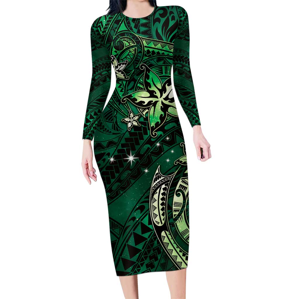 Hawaii Makahiki Season Family Matching Long Sleeve Bodycon Dress and Hawaiian Shirt Floral Tribal Tattoo Green Galaxy LT05 Mom's Dress Green - Polynesian Pride