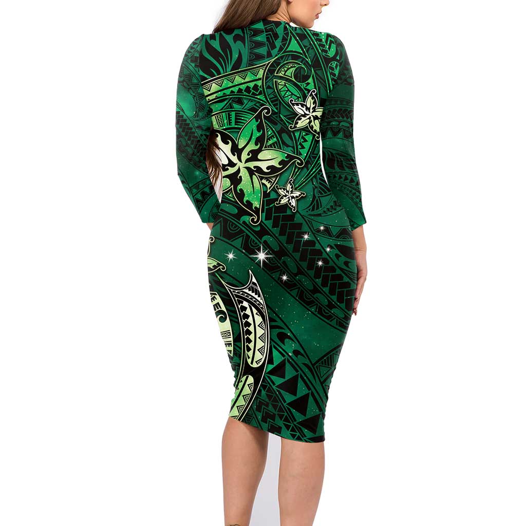 Hawaii Makahiki Season Family Matching Long Sleeve Bodycon Dress and Hawaiian Shirt Floral Tribal Tattoo Green Galaxy LT05 - Polynesian Pride