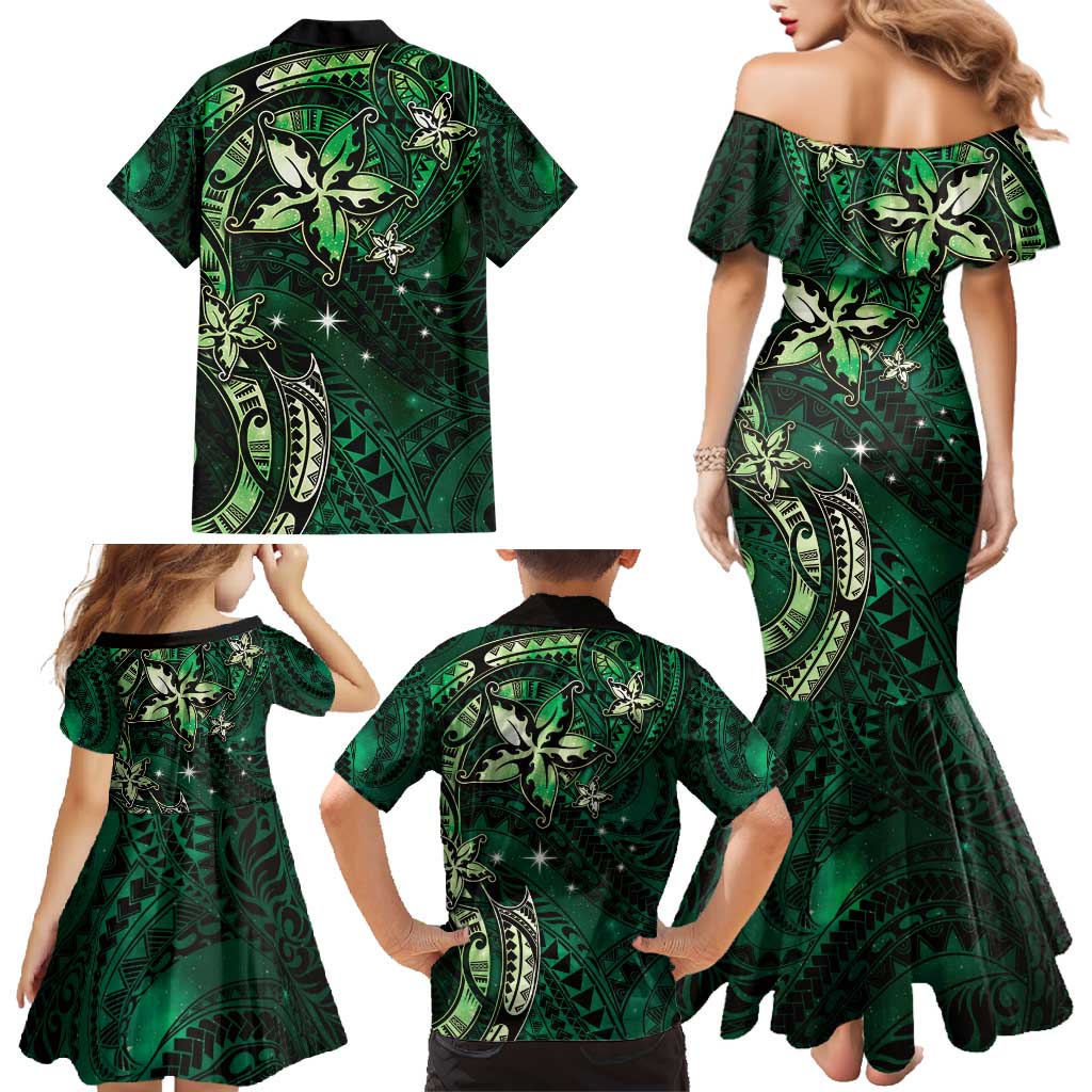 Hawaii Makahiki Season Family Matching Mermaid Dress and Hawaiian Shirt Floral Tribal Tattoo Green Galaxy LT05 - Polynesian Pride
