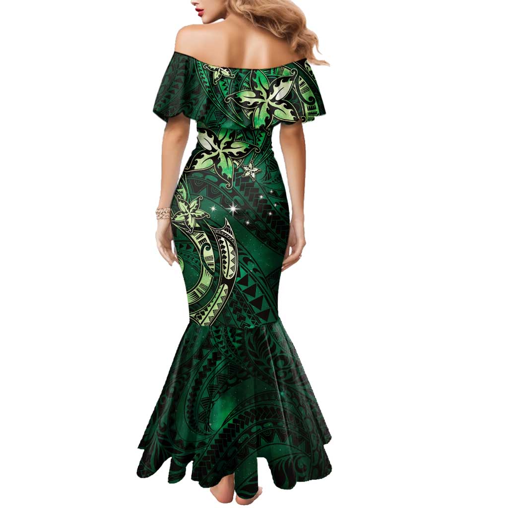 Hawaii Makahiki Season Family Matching Mermaid Dress and Hawaiian Shirt Floral Tribal Tattoo Green Galaxy LT05 - Polynesian Pride