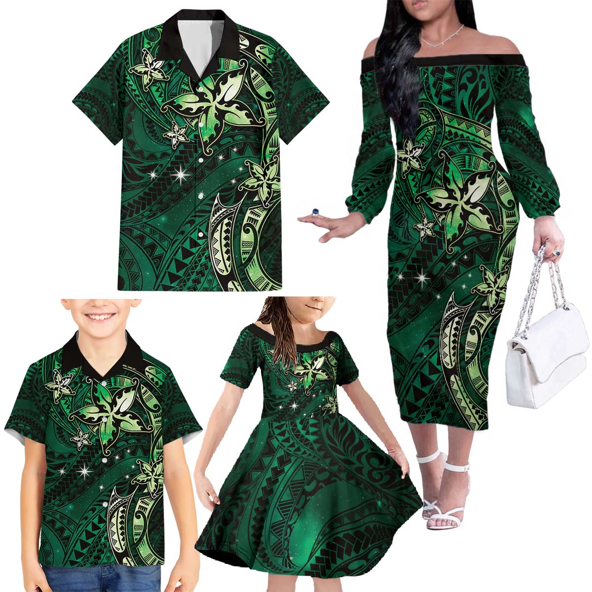 Hawaii Makahiki Season Family Matching Off The Shoulder Long Sleeve Dress and Hawaiian Shirt Floral Tribal Tattoo Green Galaxy LT05 - Polynesian Pride