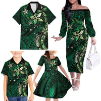 Hawaii Makahiki Season Family Matching Off The Shoulder Long Sleeve Dress and Hawaiian Shirt Floral Tribal Tattoo Green Galaxy LT05 - Polynesian Pride