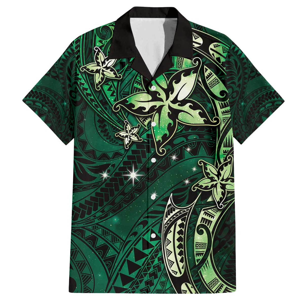 Hawaii Makahiki Season Family Matching Off The Shoulder Long Sleeve Dress and Hawaiian Shirt Floral Tribal Tattoo Green Galaxy LT05 Dad's Shirt - Short Sleeve Green - Polynesian Pride