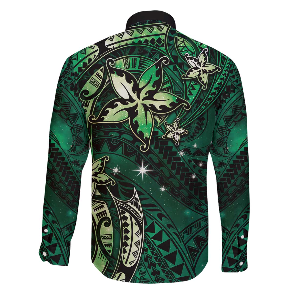 Hawaii Makahiki Season Family Matching Off The Shoulder Long Sleeve Dress and Hawaiian Shirt Floral Tribal Tattoo Green Galaxy LT05 - Polynesian Pride