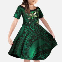 Hawaii Makahiki Season Family Matching Off Shoulder Maxi Dress and Hawaiian Shirt Floral Tribal Tattoo Green Galaxy LT05 Daughter's Dress Green - Polynesian Pride