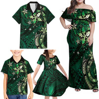 Hawaii Makahiki Season Family Matching Off Shoulder Maxi Dress and Hawaiian Shirt Floral Tribal Tattoo Green Galaxy LT05 - Polynesian Pride