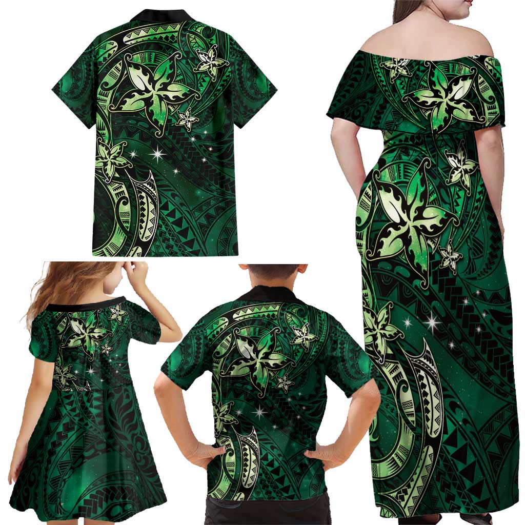 Hawaii Makahiki Season Family Matching Off Shoulder Maxi Dress and Hawaiian Shirt Floral Tribal Tattoo Green Galaxy LT05 - Polynesian Pride